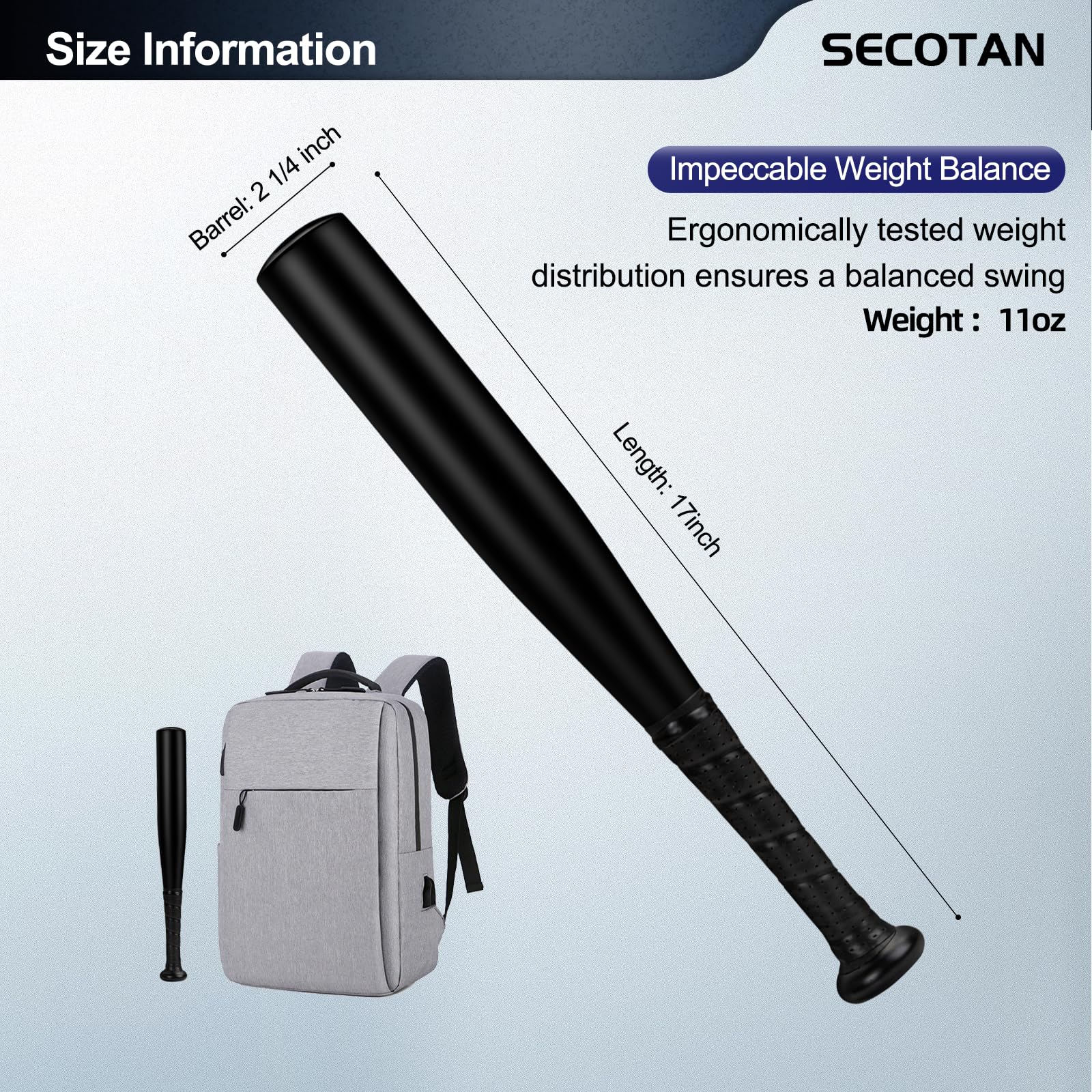 SECOTAN Baseball Bat, Aluminum One Hand Training Bat, Baseball/Softball/Teeball Mini Training Bat, Batting Practice, Tire Pressure Checker, Multi-Purpose Bats for Versatile Use (17inch | Matte Black)