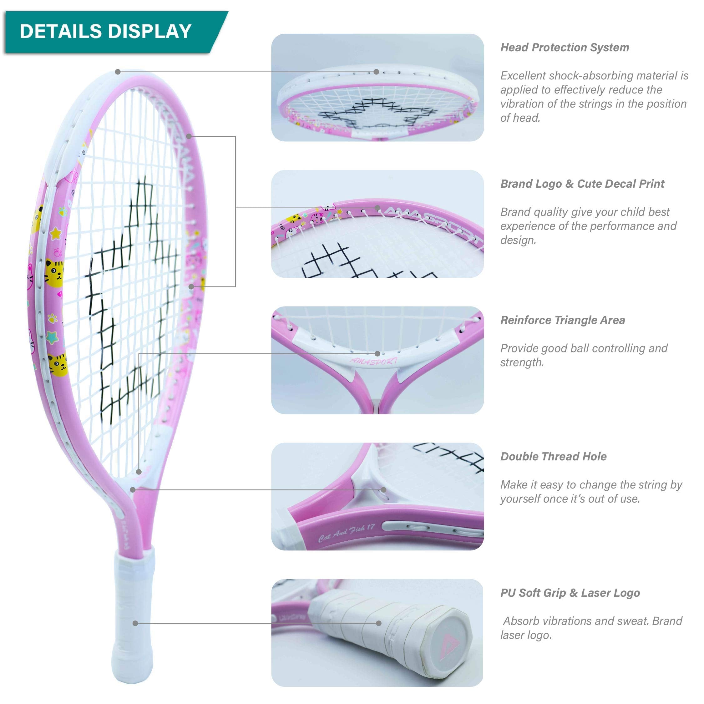 AMA SPORT Kids Tennis Racket for Junior Toddlers Starter Kit 17" Pink for Girl Toddlers with Shoulder Strap Bag (Baby Pink, 17)