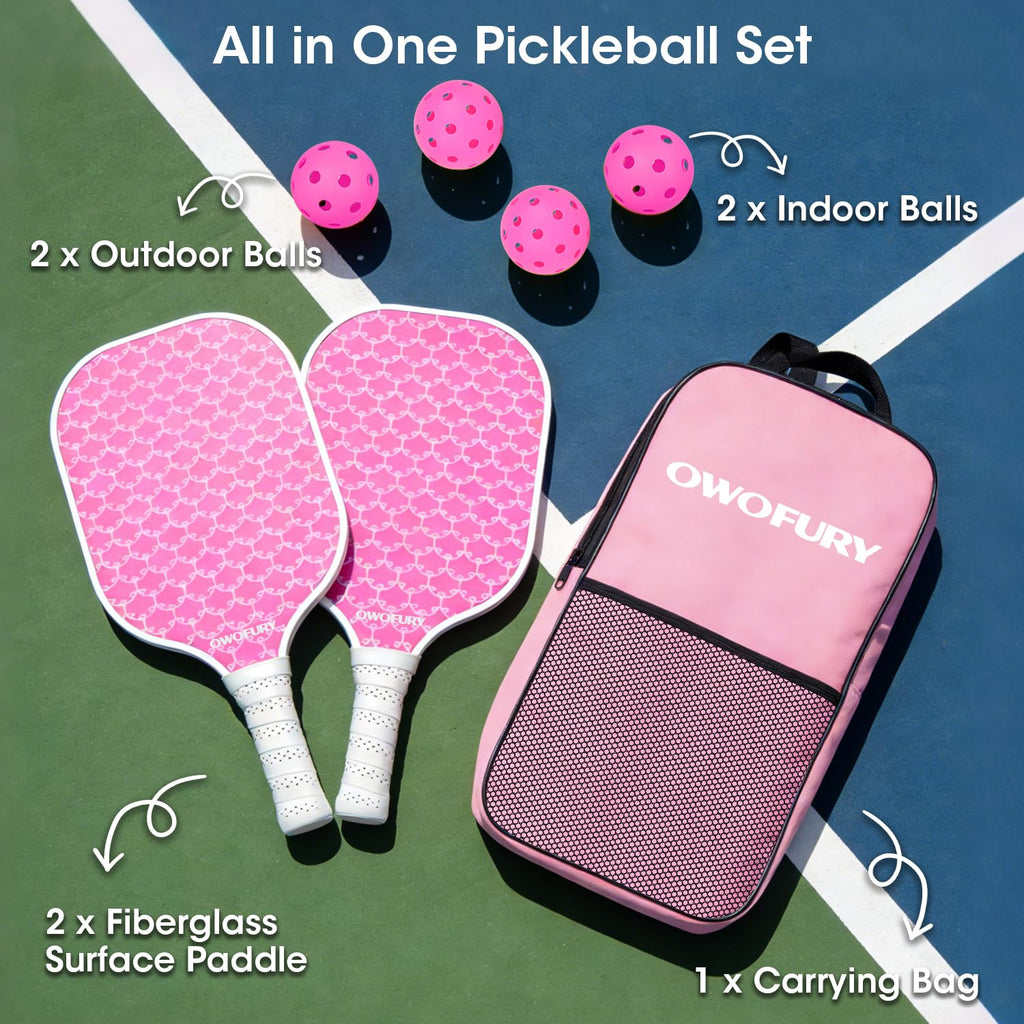OWOFURY Pickleball Paddles Set of 2, Fiberglass Surface Pickleball Rackets Lightweight Honeycomb Core with 4 Outdoor Indoor Balls and Bag for Men Women Cute Pink