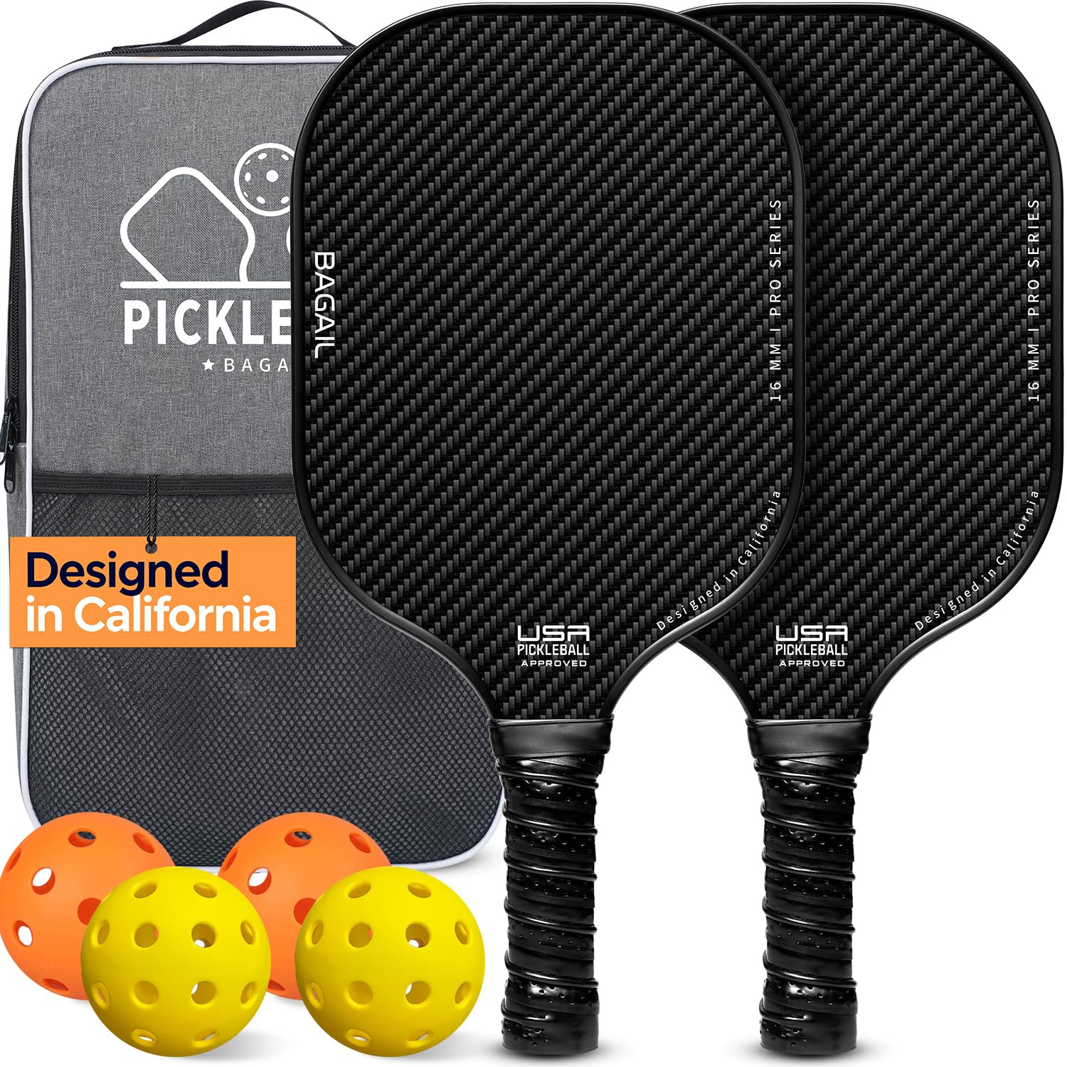 BAGAIL Pickleball Paddles, USAPA Approved Fiberglass Surface Pickleball Set, Lightweight Pickle Ball Rackets with 4 Balls, 1 Bag, Designed in California for Traction and Stability - 2 Pack, Black