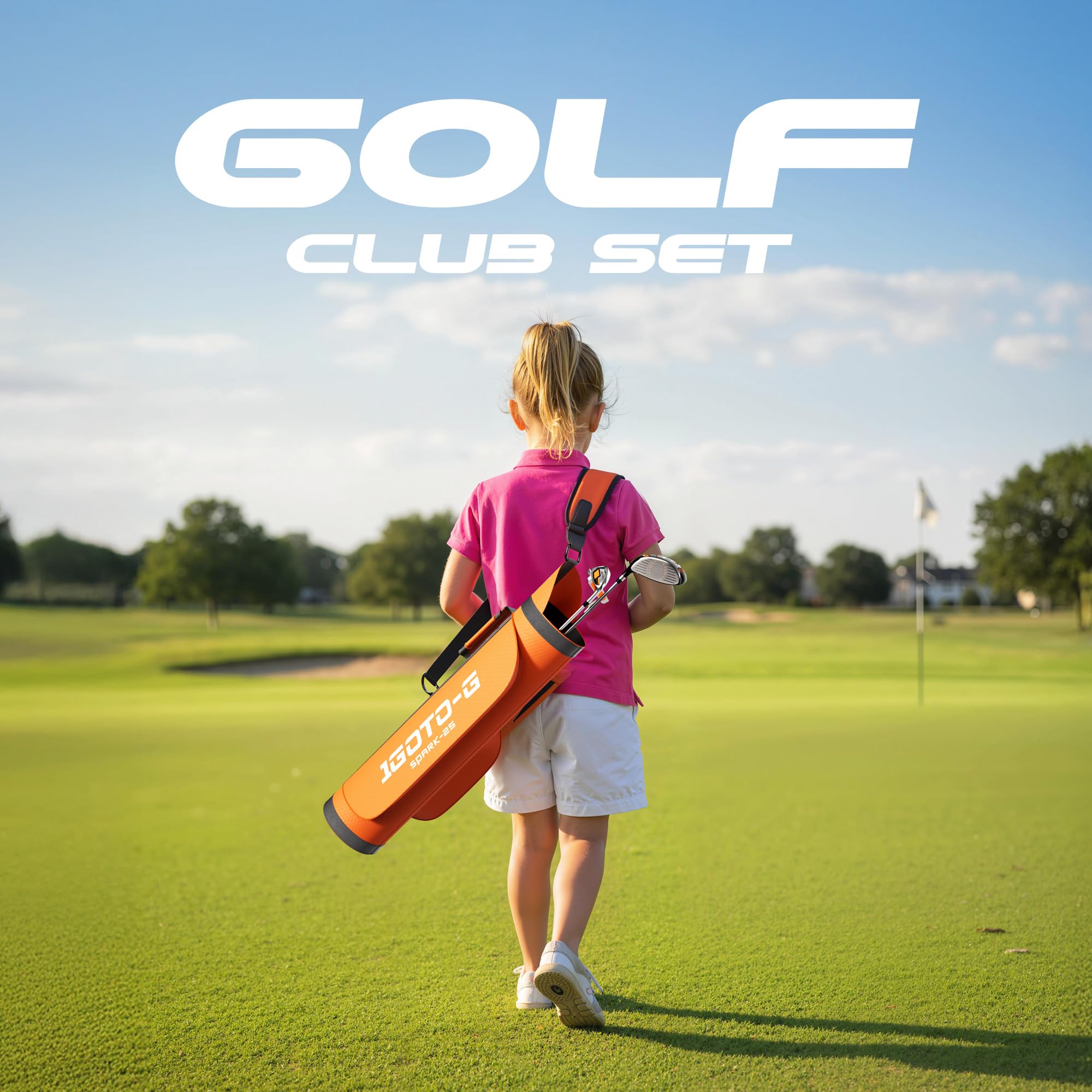 1GoTo-G 5 Pieces Kids Golf Clubs Set - Youth Golf Clubs Junior Set for Boys Girls Includes Carry Bag, 3# Fairway Wood, 7# Iron, Putter, Orange – Ages 3-5 – Right Hand