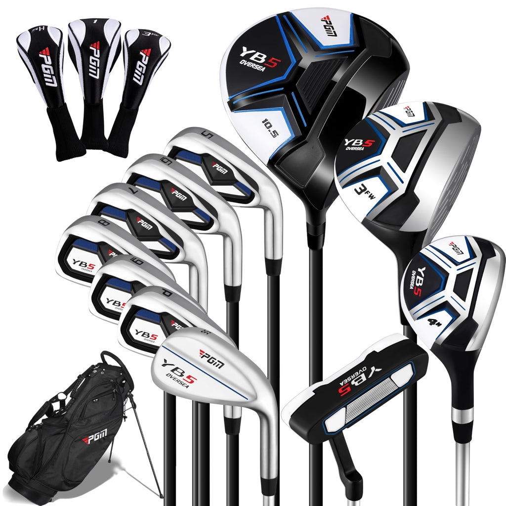 PGM Men's Complete Golf Club Sets - 15 Pieces - 2 Wood (#1,3), 1 Hybrid (#4H), 7 Irons(#5,6,7,8,9,PW,SW), 1 Putter - Golf Stand Bag - Right Handed - Ideal for Beginners