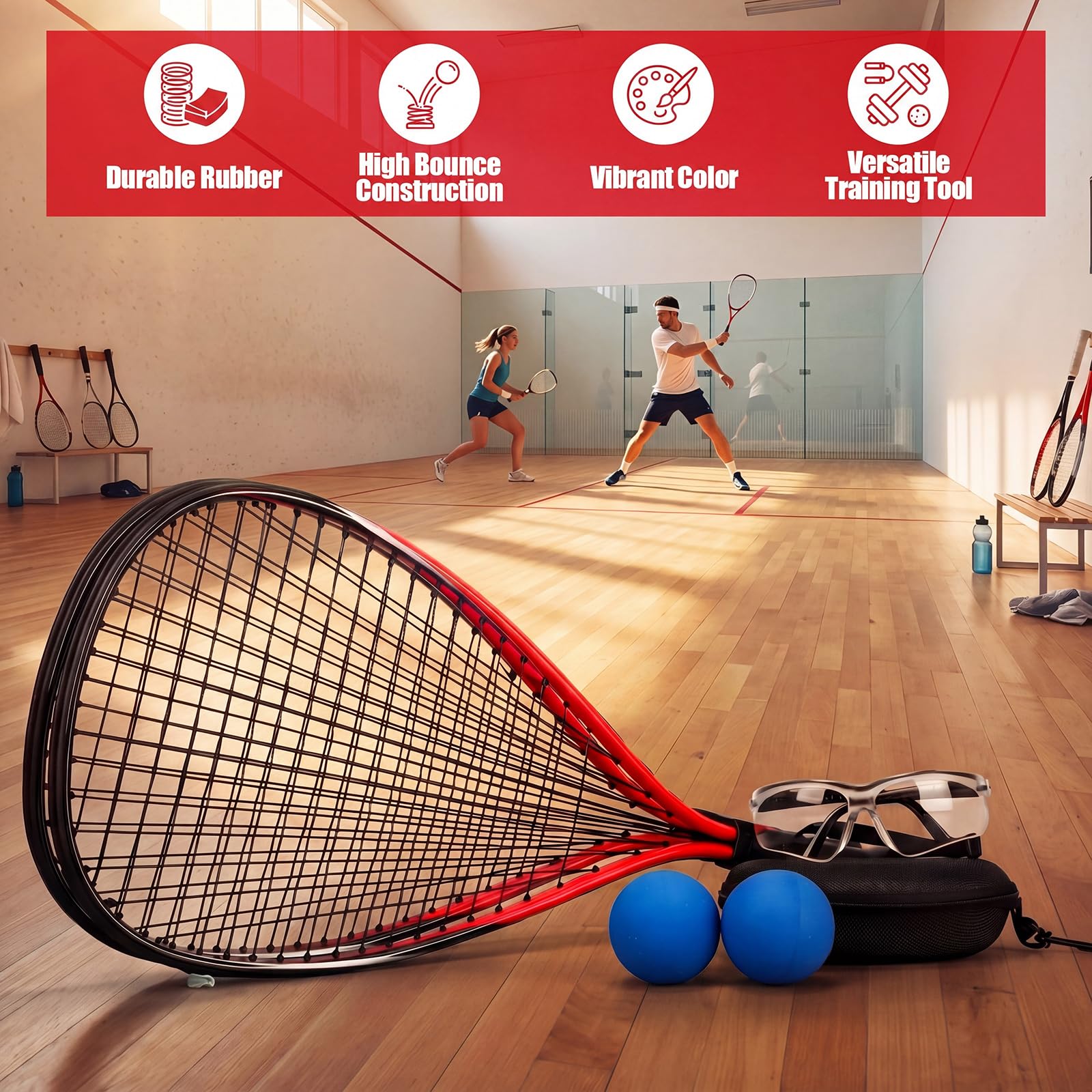Seenelling Racquetball Racket Set of 2 with Carry Bag, 2 Anti Fog Sports Goggles and 2 Racquetballs, Aluminum Racquetball Starter Set for Beginners Indoor Court Play (Red)