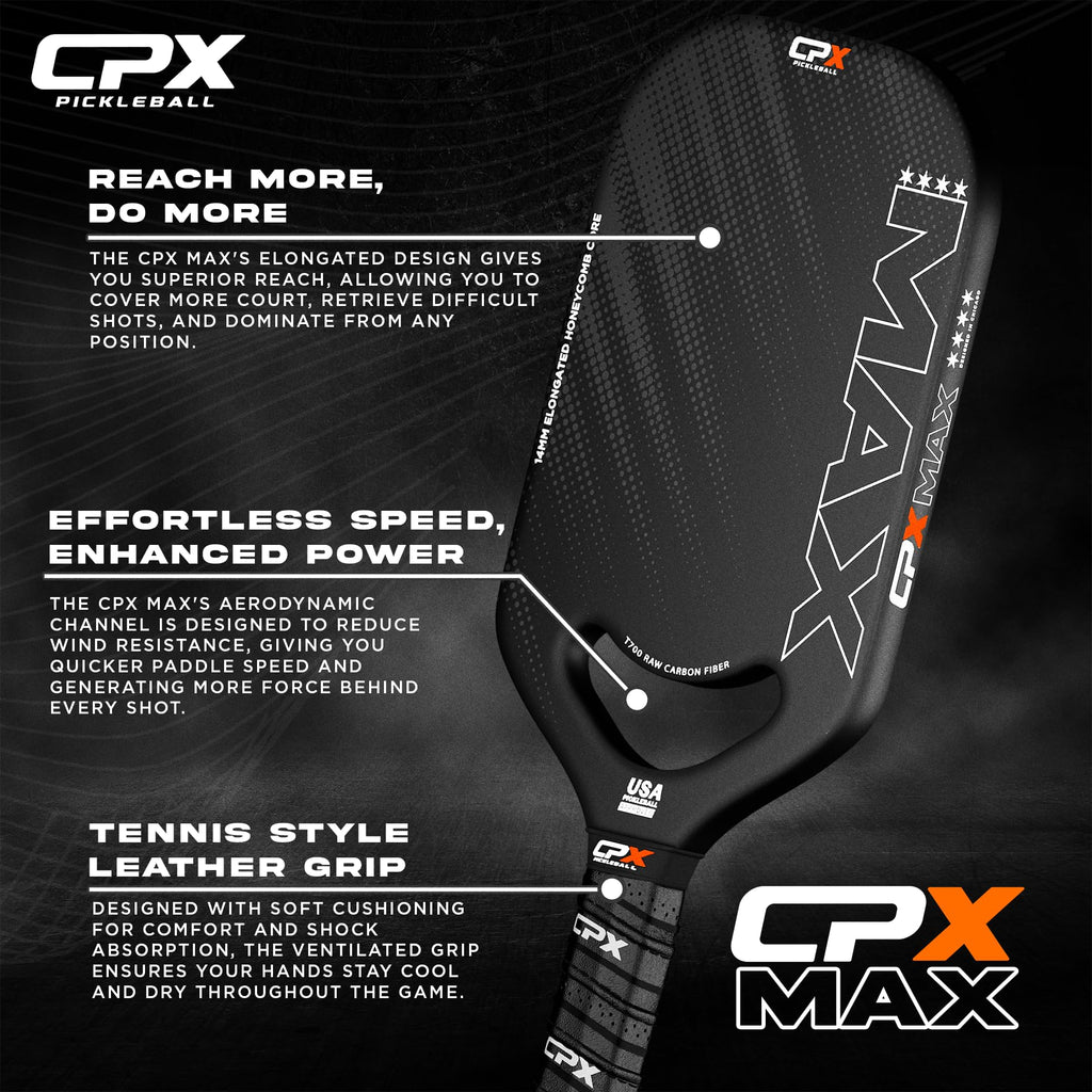 CPX MAX Black Raw Carbon Fiber T700 Pickleball Elongated Paddle Racket - Professional Grade, 14mm Core Thickness, Comfortable Tennis Style Grip - Durable Designed in Chicago, USA