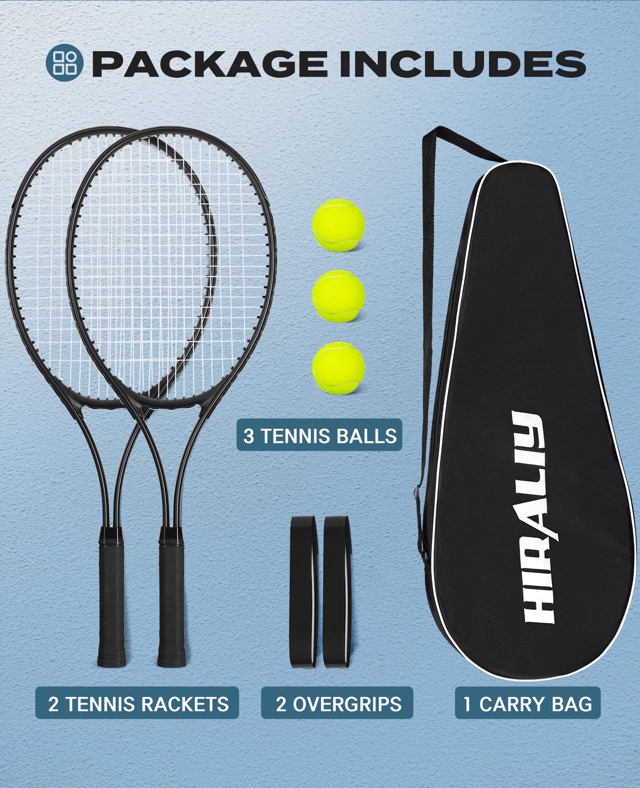 HIRALIY 27-Inch Tennis Rackets, 2 Pack with Balls, Overgrips and Bag, Black