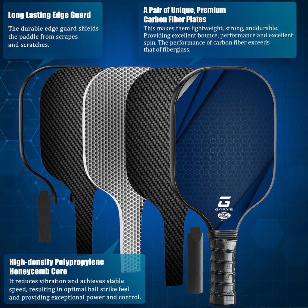 GARYE Pickleball Paddles Set of 2/4, USAPA Approved Carbon Fiber Pickleball Set, Lightweight Pickle Ball Rackets 2/4 Pack with 6 Balls, 1 Bag, Pair of Grip Tapes, Pickle Ball Paddle for Men and Women
