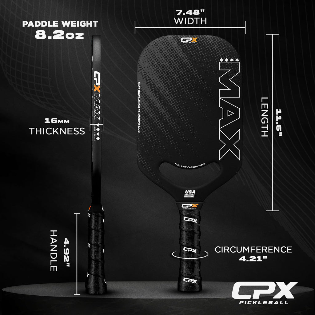 CPX MAX Black Raw Carbon Fiber T700 Pickleball Elongated Paddle Racket - Professional Grade, 14mm Core Thickness, Comfortable Tennis Style Grip - Durable Designed in Chicago, USA