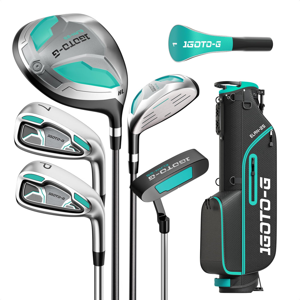 1GoTo-G 7 Pieces Golf Clubs Set for Men & Women - Complete Golf Clubs Full Set Includes Stand Bag with Rain Hood, 1# Driver, 5# Hybrid, 7# PW# Irons and Putter, Green - Women’s, Right