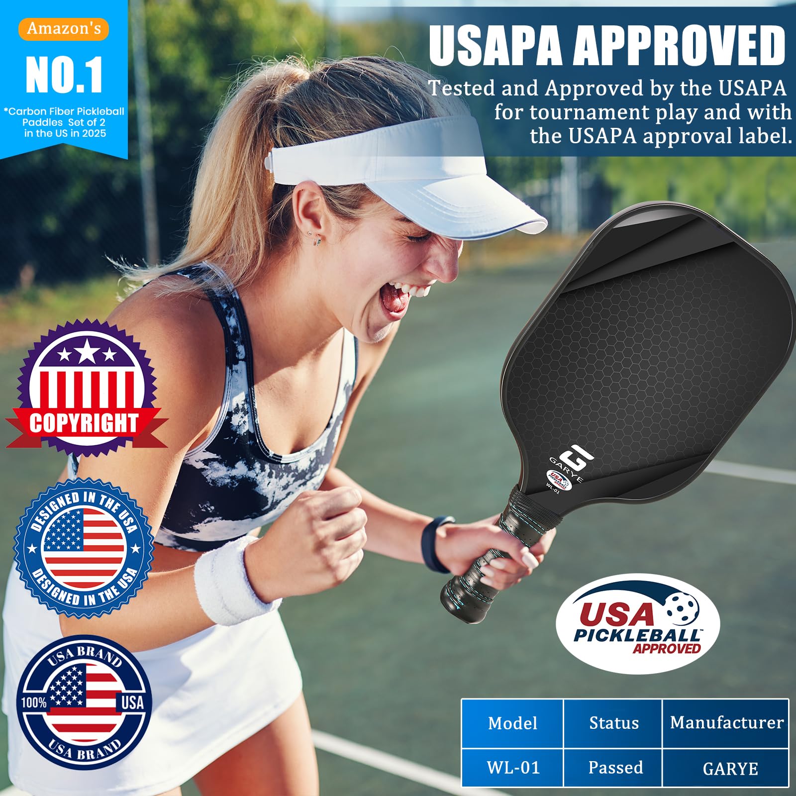 GARYE Pickleball Paddles Set of 2/4, USAPA Approved Carbon Fiber Pickleball Set, Lightweight Pickle Ball Rackets 2/4 Pack with 6 Balls, 1 Bag, Pair of Grip Tapes, Pickle Ball Paddle for Men and Women