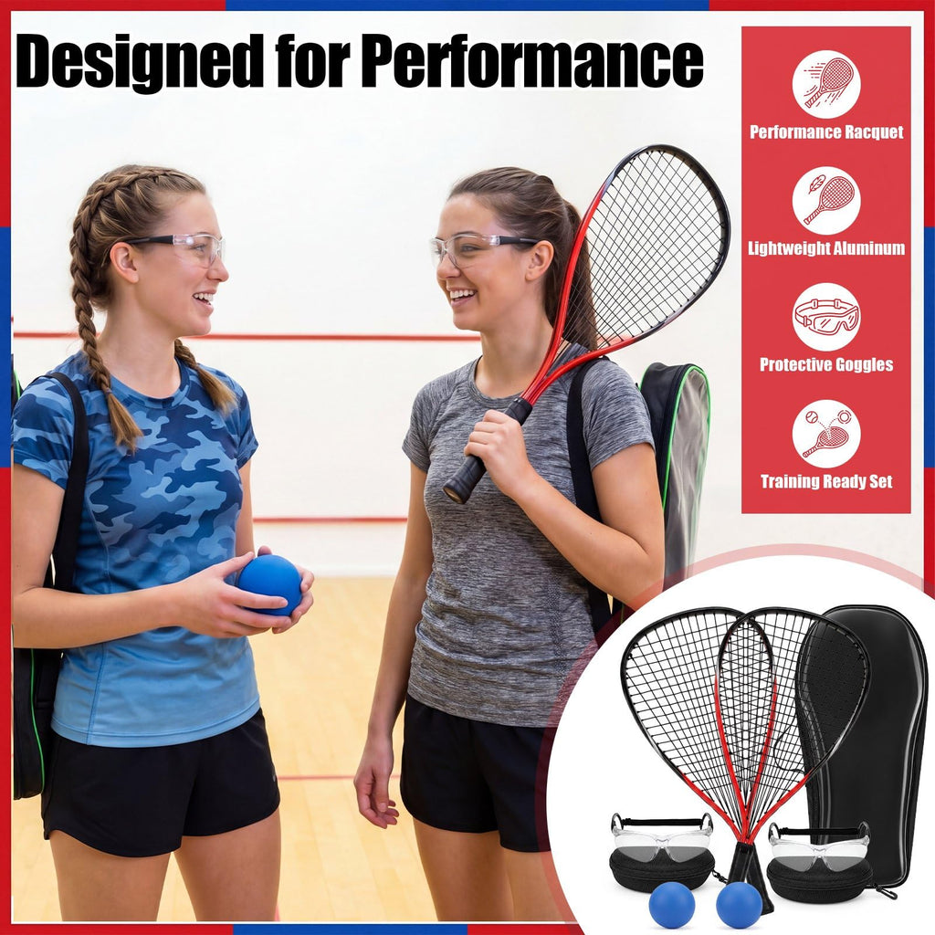 Seenelling Racquetball Racket Set of 2 with Carry Bag, 2 Anti Fog Sports Goggles and 2 Racquetballs, Aluminum Racquetball Starter Set for Beginners Indoor Court Play (Red)