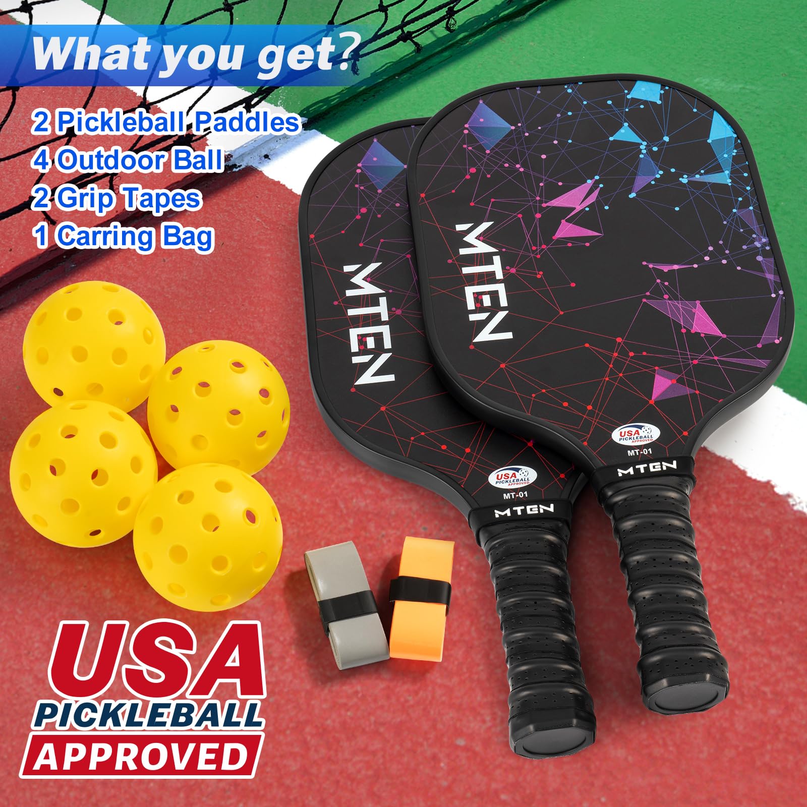 MTEN Pickleball Paddles Set of 2, USAPA Approved Fiberglass Set