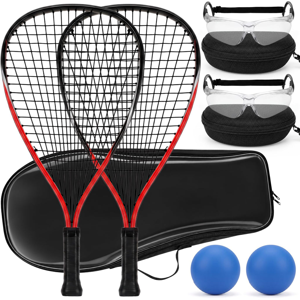 Seenelling Racquetball Racket Set of 2 with Carry Bag, 2 Anti Fog Sports Goggles and 2 Racquetballs, Aluminum Racquetball Starter Set for Beginners Indoor Court Play (Red)
