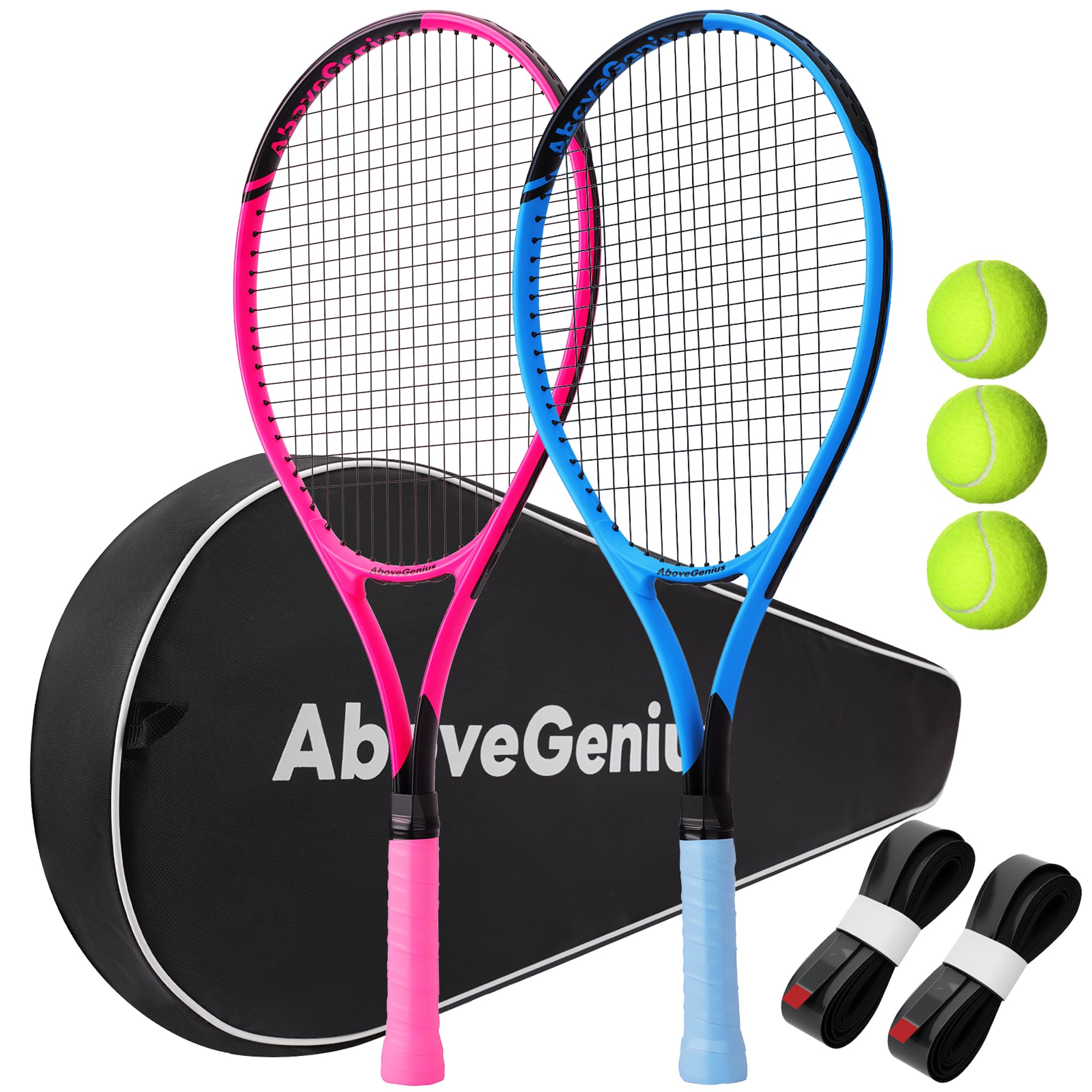 AboveGenius 27-Inch Tennis Rackets, 2 Pack with Balls and Bag, Blue/Pink