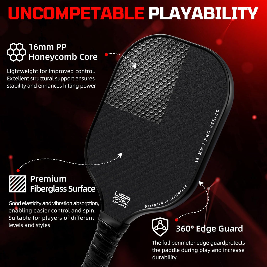 BAGAIL Pickleball Paddles, USAPA Approved Fiberglass Surface Pickleball Set, Lightweight Pickle Ball Rackets with 4 Balls, 1 Bag, Designed in California for Traction and Stability - 2 Pack, Black