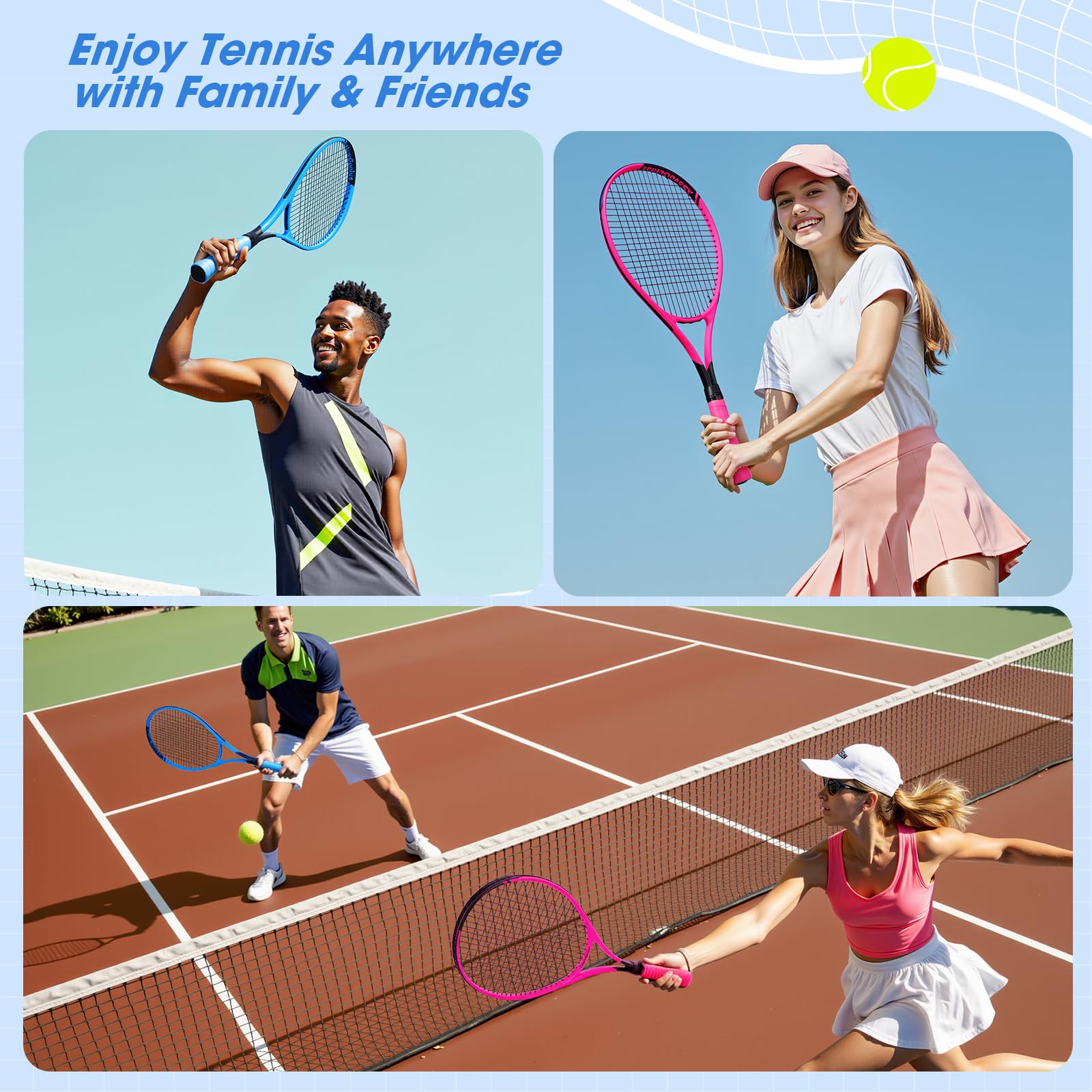 AboveGenius 27-Inch Tennis Rackets, 2 Pack with Balls and Bag, Blue/Pink