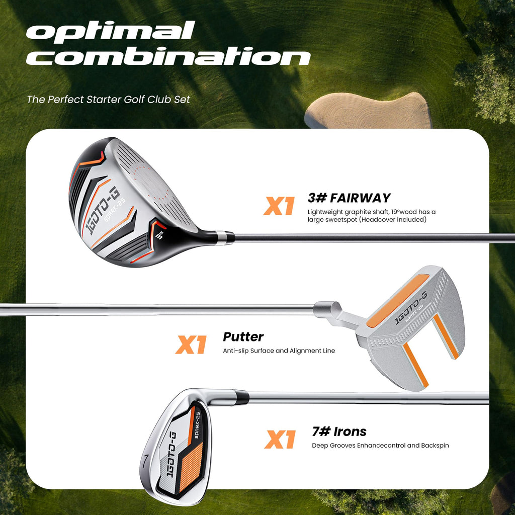 1GoTo-G 5 Pieces Kids Golf Clubs Set - Youth Golf Clubs Junior Set for Boys Girls Includes Carry Bag, 3# Fairway Wood, 7# Iron, Putter, Orange – Ages 3-5 – Right Hand