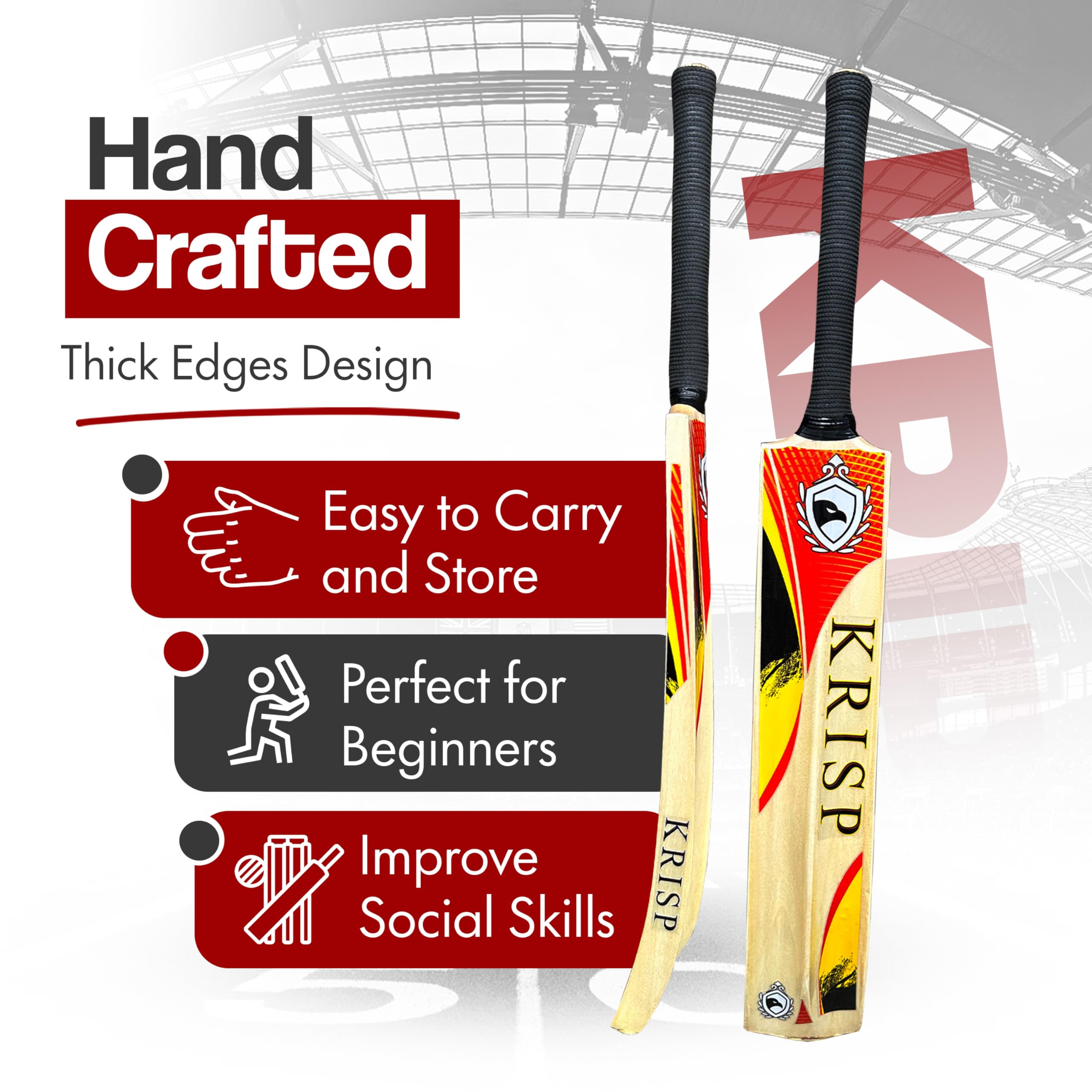 Cricket Bat Gift Set Wooden Cricket Bat Kit for Junior, Backyard Park Beach Indoor Outdoor Play Tennis Ball, Stumps, Bails, Carrying Bag Practice Cricket Match By Krisp Sports