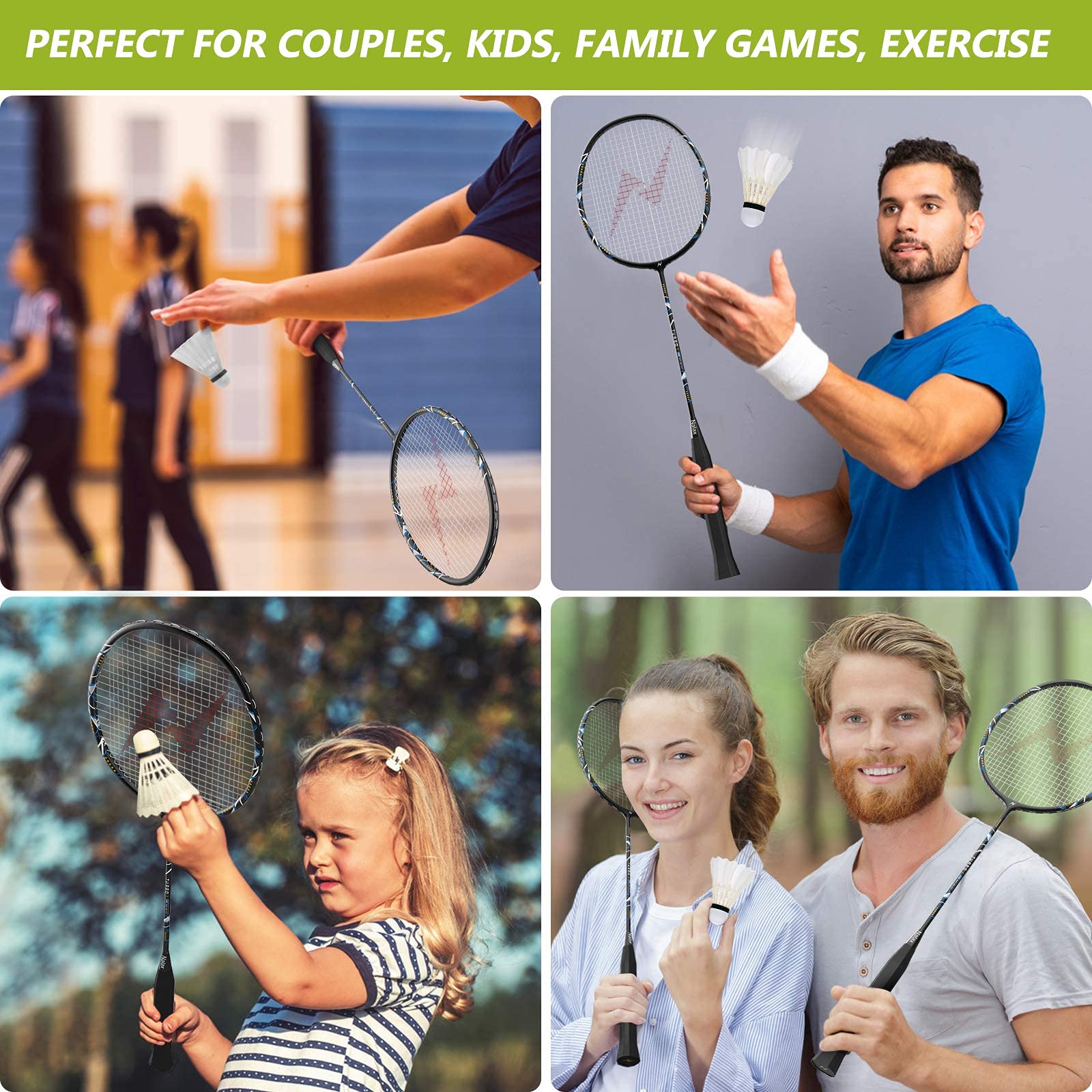 Nalax Badminton Set for 2 Players, Lightweight Graphite Badminton Rackets Complete Kit with 3 Shuttlecocks & Portable Carry Bag, Outdoor Sports Game for Adults Teens Kids, Backyard Lawn Beach
