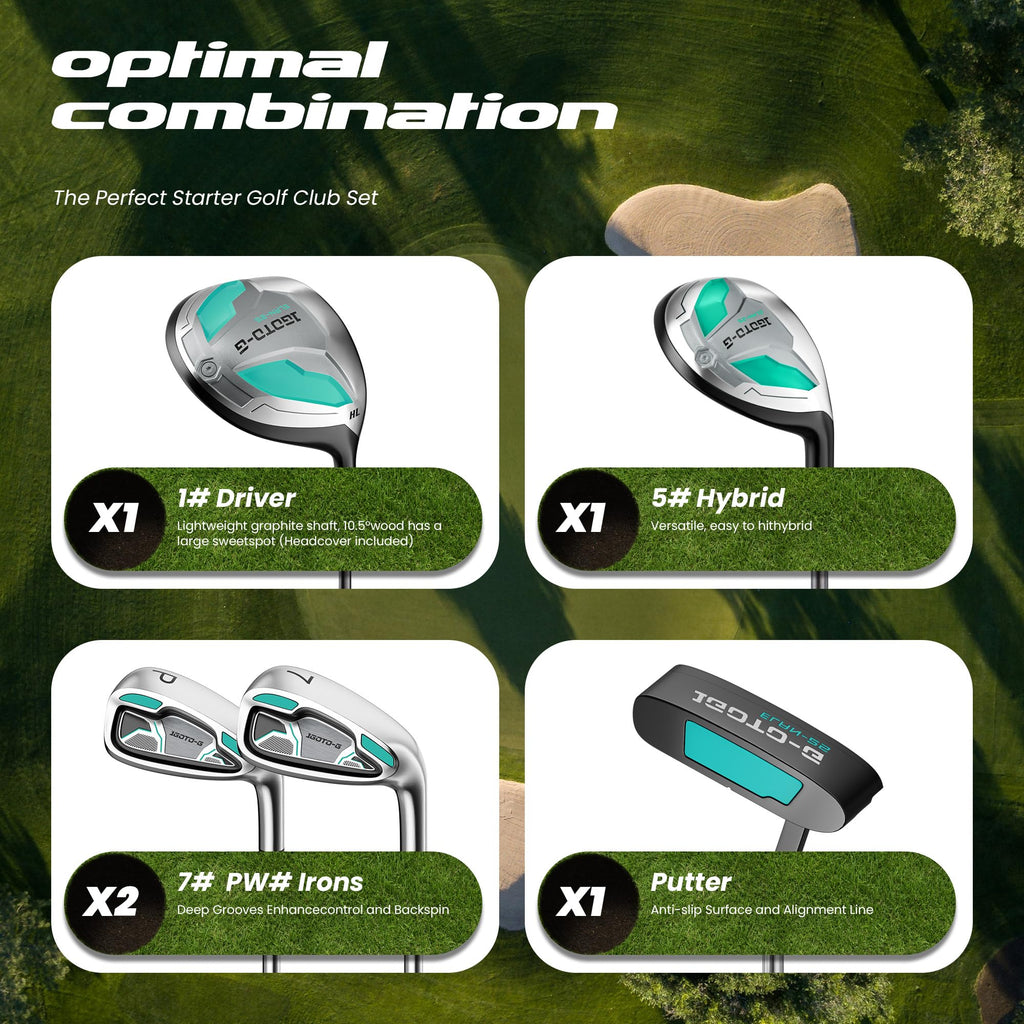 1GoTo-G 7 Pieces Golf Clubs Set for Men & Women - Complete Golf Clubs Full Set Includes Stand Bag with Rain Hood, 1# Driver, 5# Hybrid, 7# PW# Irons and Putter, Green - Women’s, Right