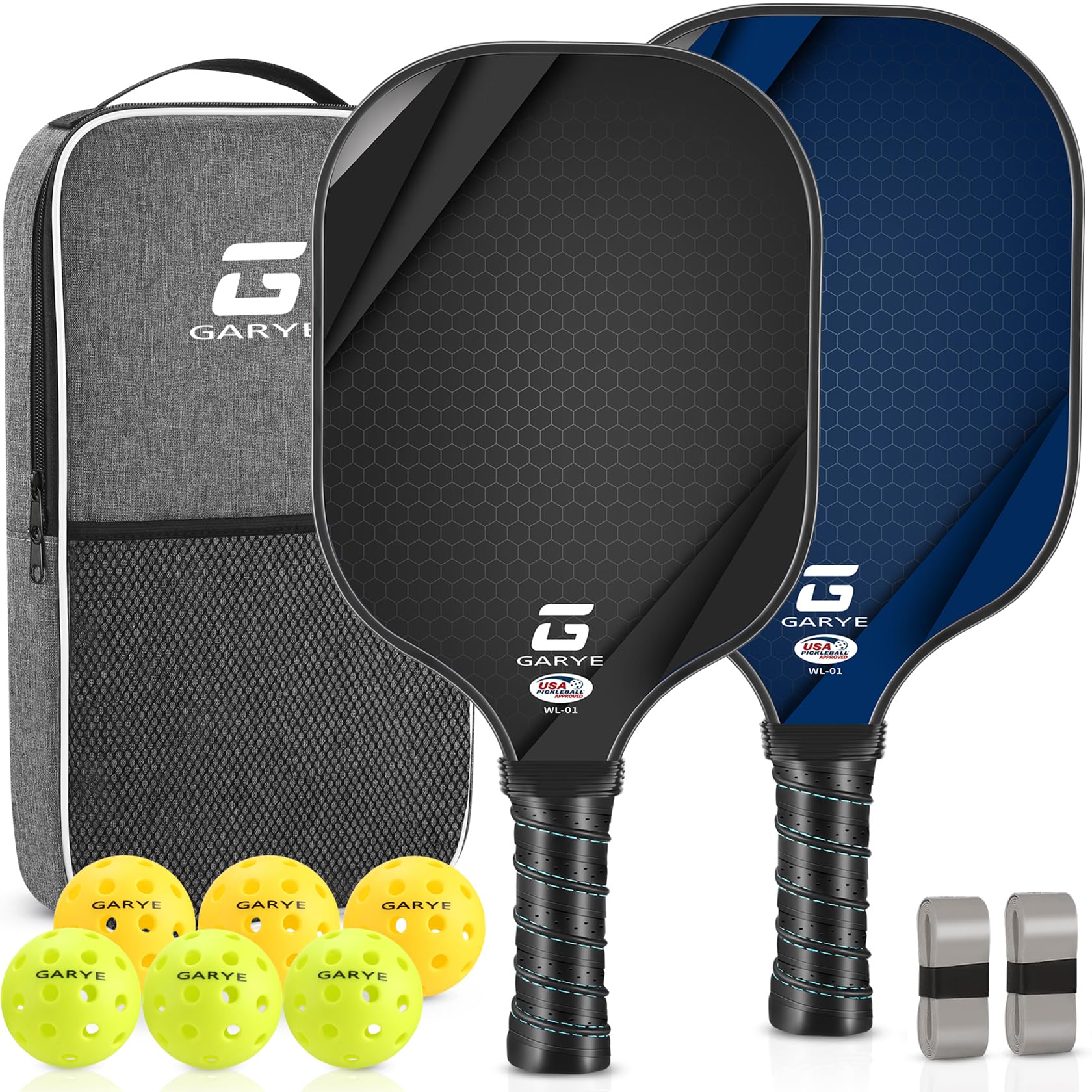 GARYE Pickleball Paddles Set of 2/4, USAPA Approved Carbon Fiber Pickleball Set, Lightweight Pickle Ball Rackets 2/4 Pack with 6 Balls, 1 Bag, Pair of Grip Tapes, Pickle Ball Paddle for Men and Women