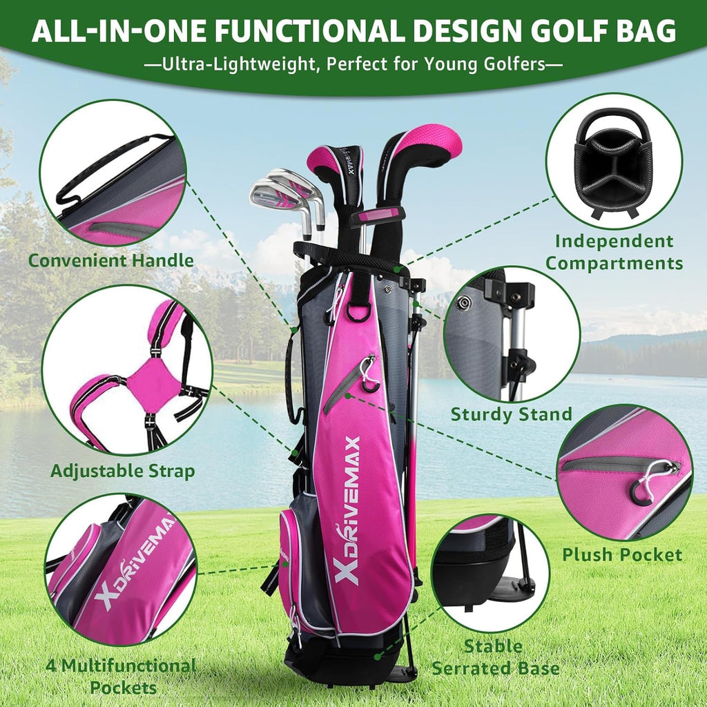 6 Pieces Kids Golf Club Set, Junior Golf Club Set Ages 4-12 Includes Stand Bag, 1# Drive, 5# Hybrid, 6/7#, 9/P# Irons and Putter Right Hand for Boys Girls,Magenta,6-10 Ages