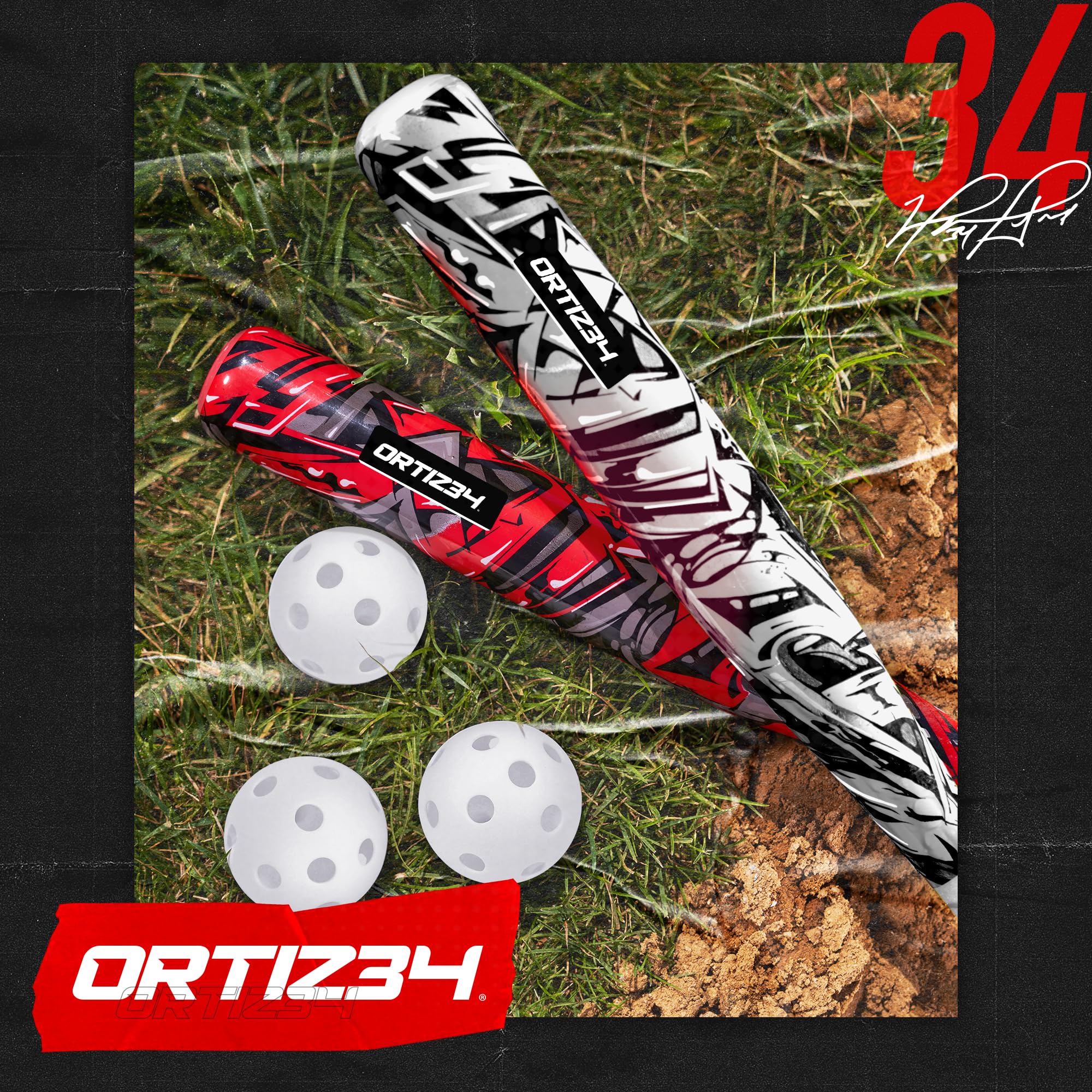 Ortiz34 Grand Slam Set- Graffiti Plastic Bat, 3 Balls, 4 Throw Down (White)