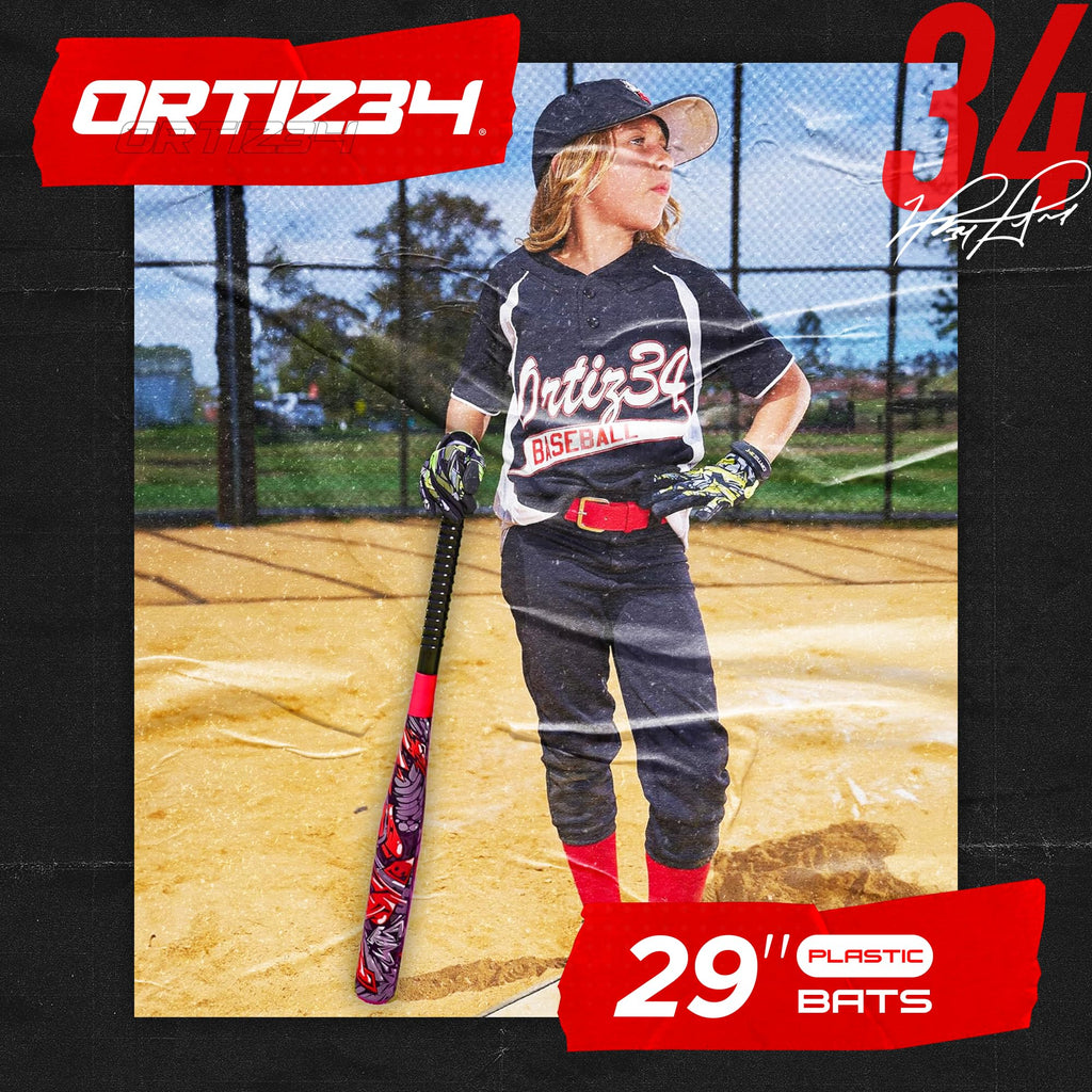Ortiz34 Bat & Ball Set - Graffiti Plastic Bat & Ball Homerun Set- David Ortiz Backyard Baseball Set for Youth, Kids, Teenagers, Adults (Bat & Ball Set, Red)