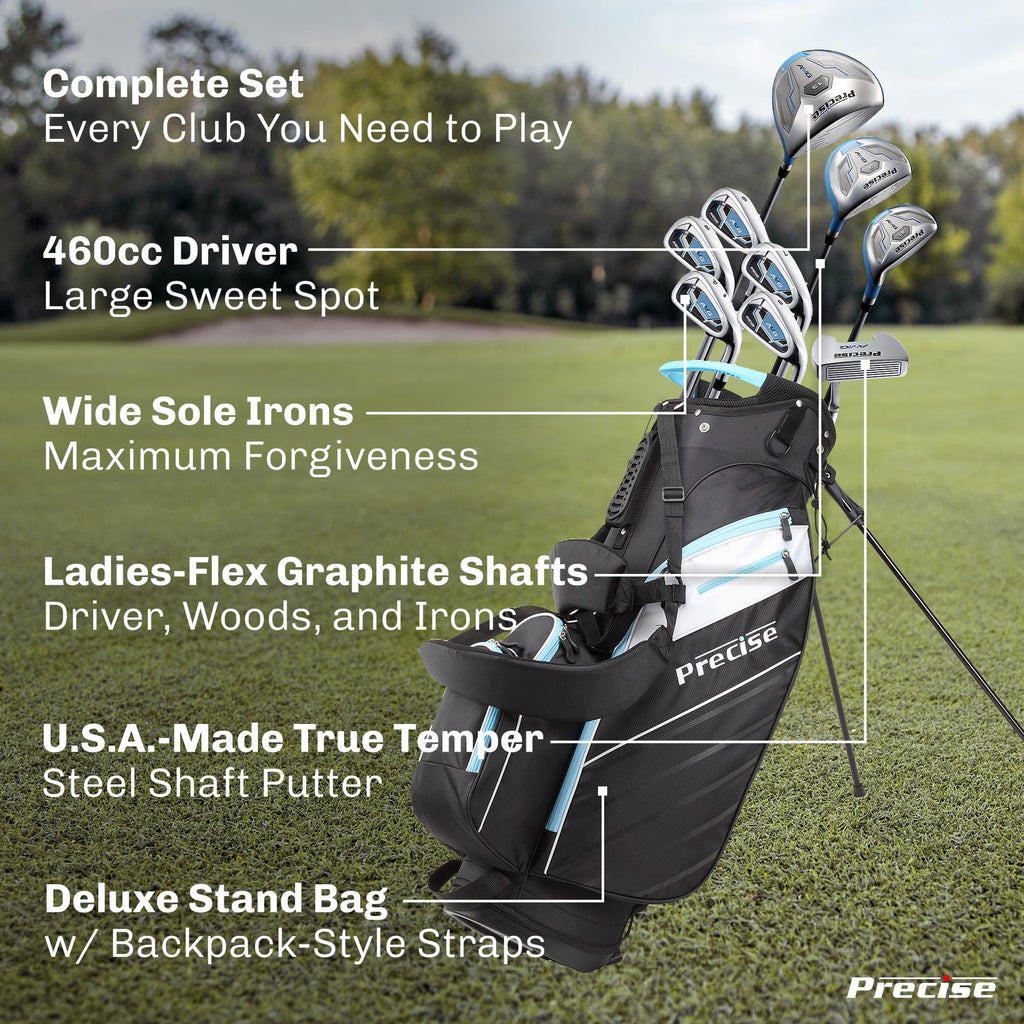 Precise AMG Ladies Complete Right Handed Golf Club Set | Complete Regular & Petite Womens Golf Clubs Set | w/ 3 HC's, Lightweight Shafts & Spacious Stand Bag w/Storage Pockets & Dual Carrying Straps