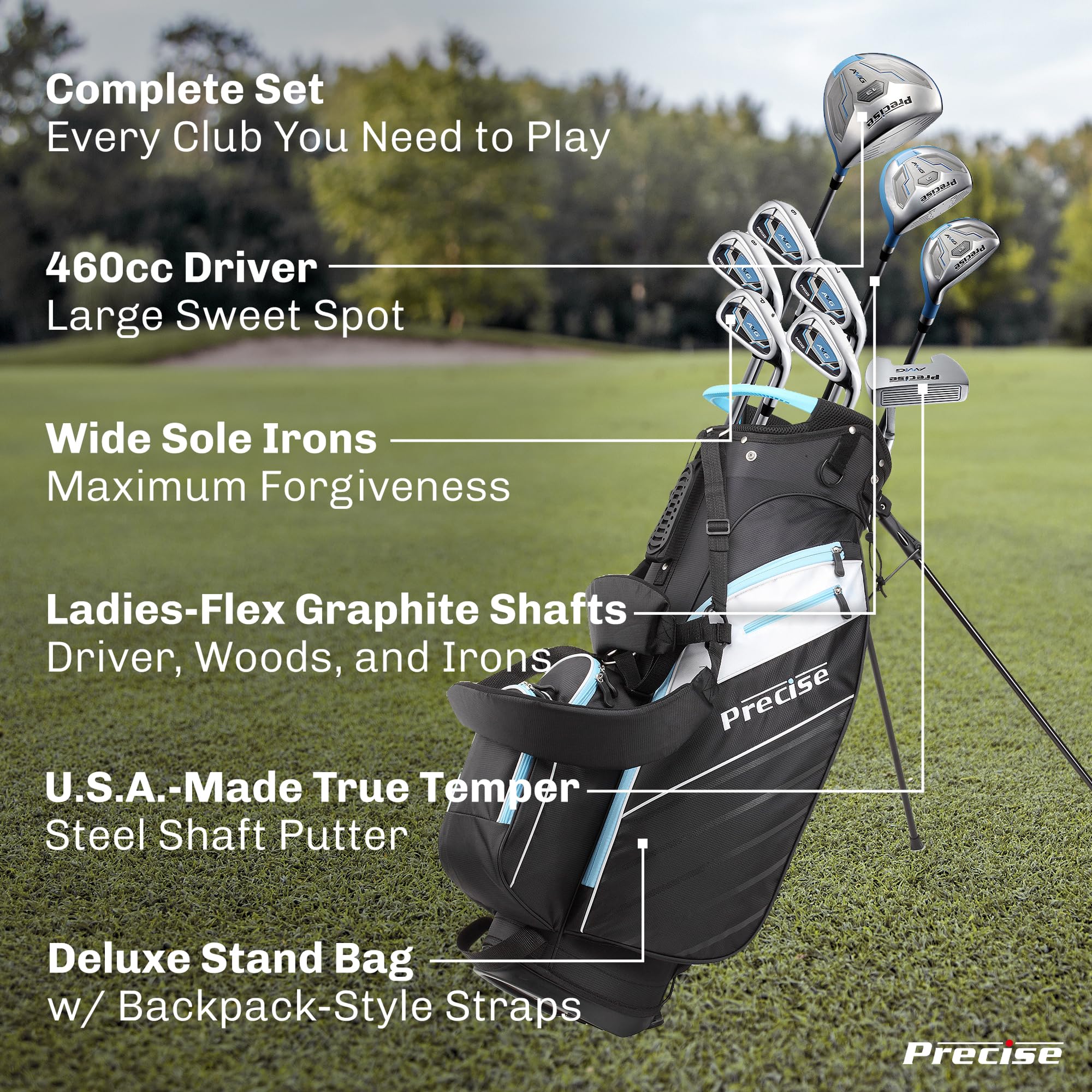 Precise AMG Ladies Complete Right Handed Golf Club Set | Complete Regular & Petite Womens Golf Clubs Set | w/ 3 HC's, Lightweight Shafts & Spacious Stand Bag w/Storage Pockets & Dual Carrying Straps